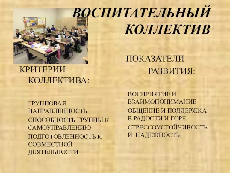 ВОСПИТАТЕЛЬНЫЙ КОЛЛЕКТИВ КРИТЕРИИ КОЛЛЕКТИВА: ГРУППОВАЯ НАПРАВЛЕННОСТЬ СПОСОБНОСТЬ ГРУППЫ К САМОУПРАВЛЕНИЮ ПОДГОТОВЛЕННОСТЬ К