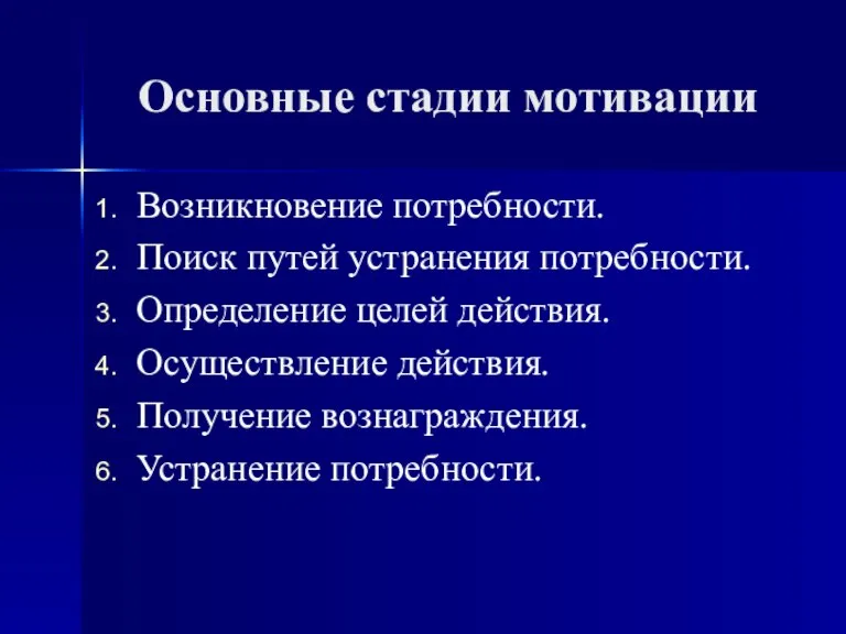 Основные стадии мотивации Возникновение потребности. Поиск путей устранения потребности. Определение целей действия.