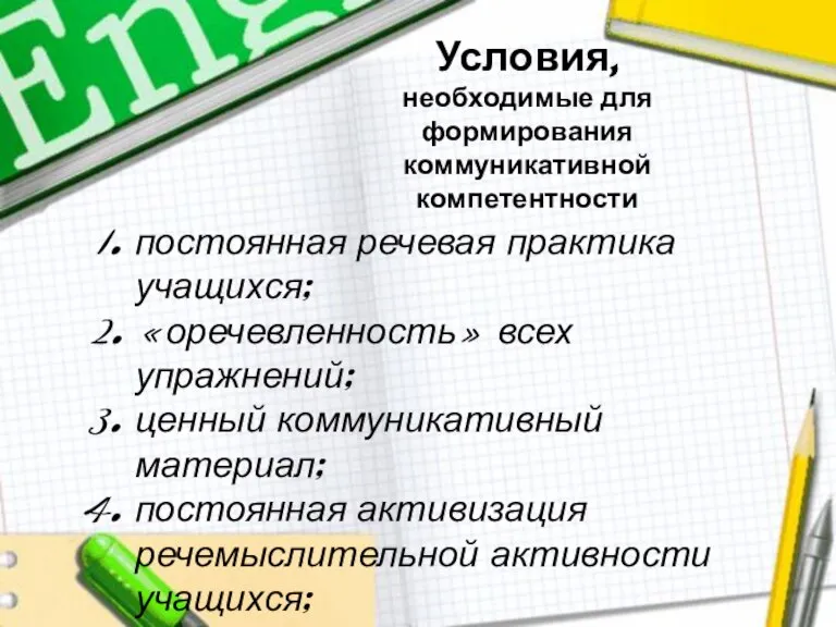 Условия, необходимые для формирования коммуникативной компетентности постоянная речевая практика учащихся; «оречевленность» всех