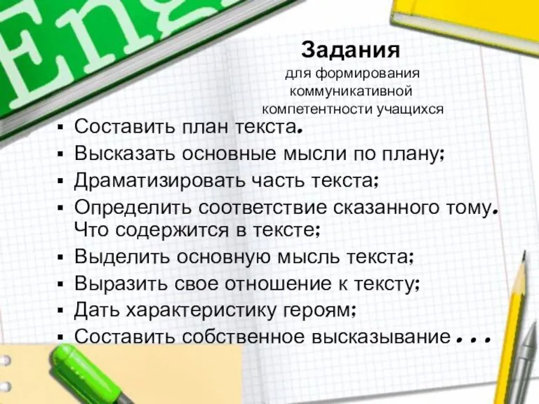 Задания для формирования коммуникативной компетентности учащихся Составить план текста. Высказать основные мысли