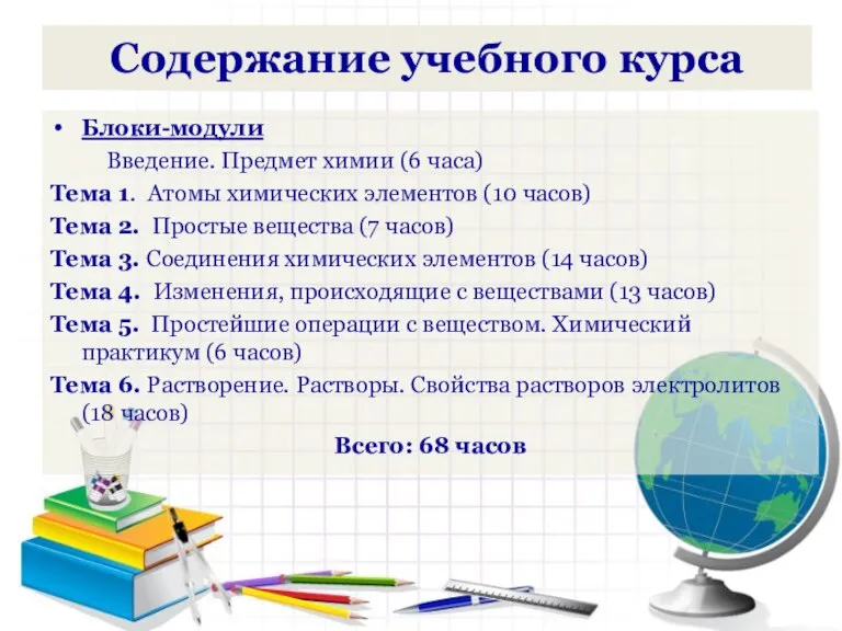 Содержание учебного курса Блоки-модули Введение. Предмет химии (6 часа) Тема 1. Атомы