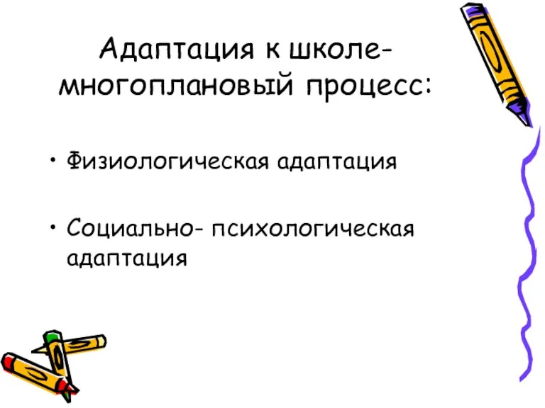 Адаптация к школе- многоплановый процесс: Физиологическая адаптация Социально- психологическая адаптация