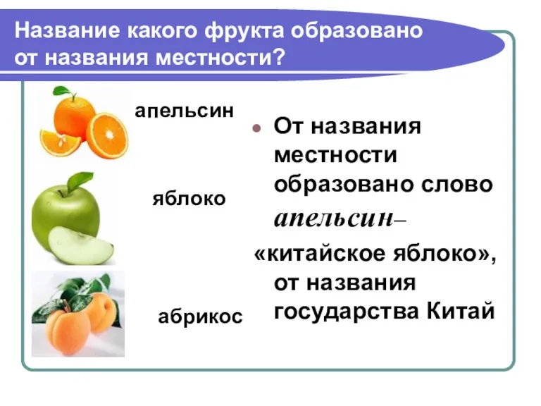 Название какого фрукта образовано от названия местности? апельсин яблоко абрикос От названия