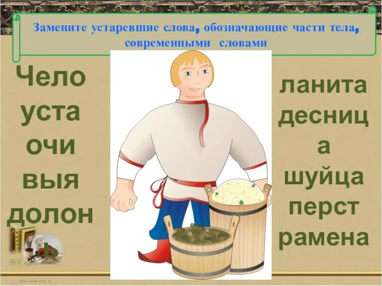 Чело уста очи выя долонь ланита десница шуйца перст рамена Замените устаревшие