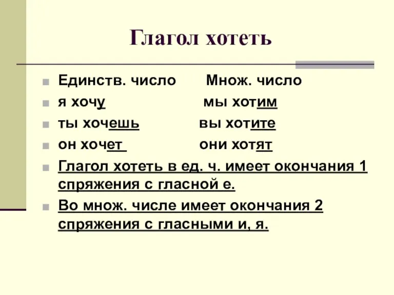 Глагол хотеть Единств. число Множ. число я хочу мы хотим ты хочешь