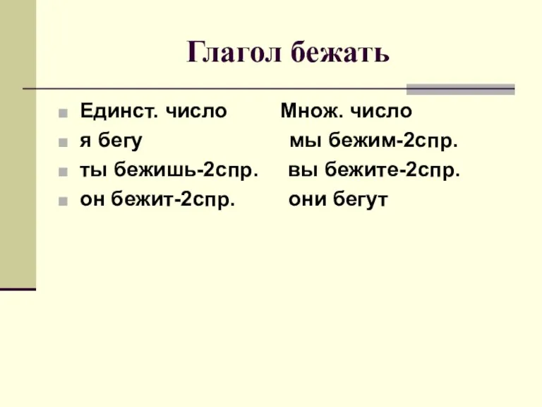 Глагол бежать Единст. число Множ. число я бегу мы бежим-2спр. ты бежишь-2спр.