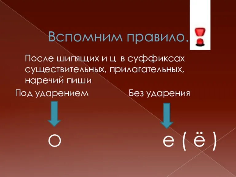 Вспомним правило… После шипящих и ц в суффиксах существительных, прилагательных, наречий пиши