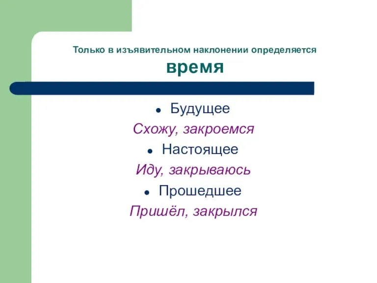 Только в изъявительном наклонении определяется время Будущее Схожу, закроемся Настоящее Иду, закрываюсь Прошедшее Пришёл, закрылся