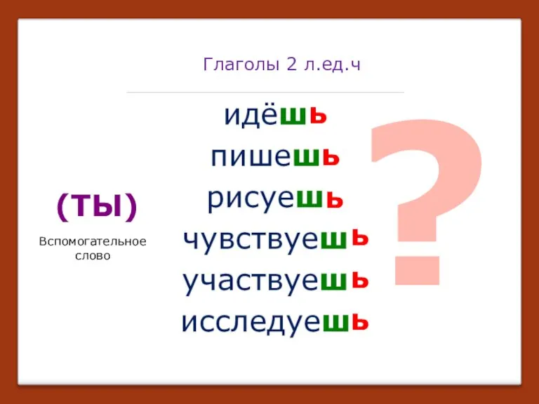 ь Глаголы 2 л.ед.ч ь ь ь ь ь (ТЫ) Вспомогательное слово ?