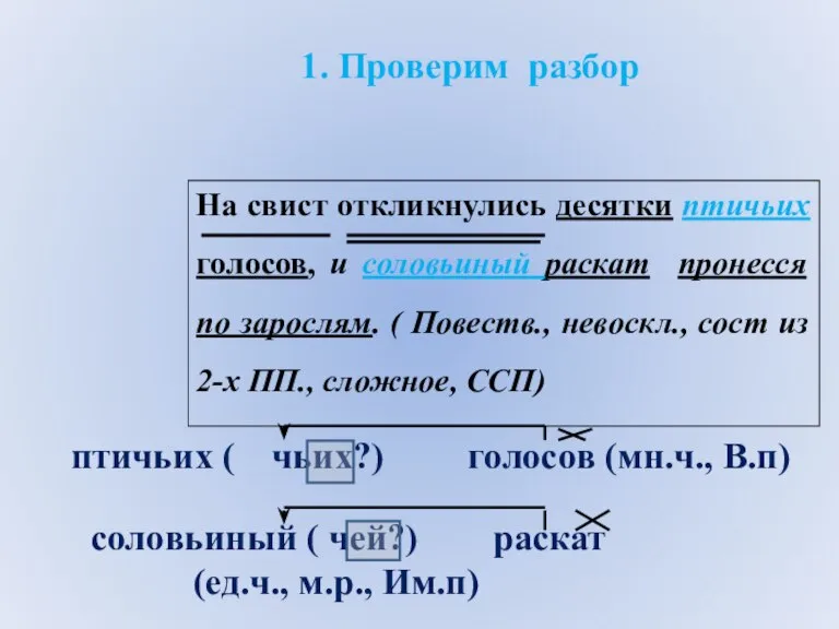 1. Проверим разбор На свист откликнулись десятки птичьих голосов, и соловьиный раскат