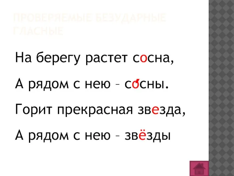 ПРОВЕРЯЕМЫЕ БЕЗУДАРНЫЕ ГЛАСНЫЕ На берегу растет сосна, А рядом с нею –