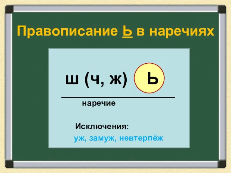 Правописание Ь в наречиях наречие Исключения: уж, замуж, невтерпёж ш (ч, ж) Ь