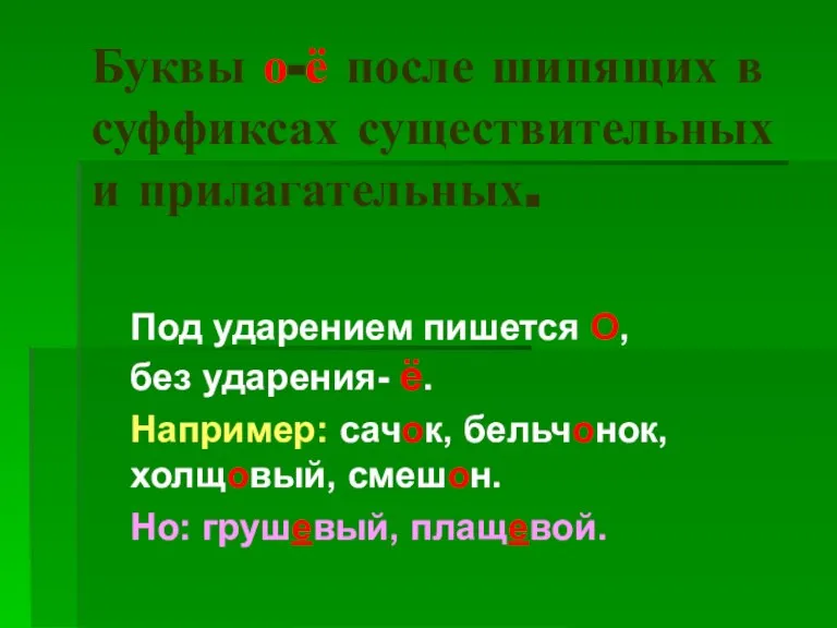 Буквы о-ё после шипящих в суффиксах существительных и прилагательных. Под ударением пишется