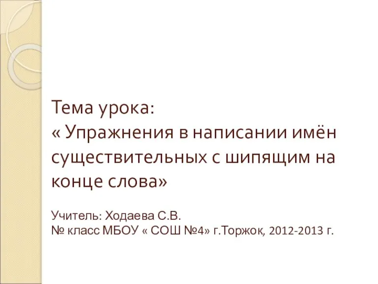 Тема урока: « Упражнения в написании имён существительных с шипящим на конце