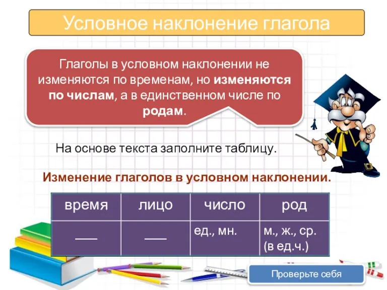 Условное наклонение глагола Глаголы в условном наклонении не изменяются по временам, но