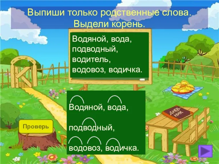 Выпиши только родственные слова. Выдели корень. Водяной, вода, подводный, водитель, водовоз, водичка.