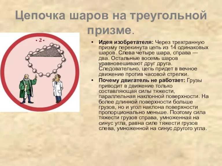 Цепочка шаров на треугольной призме. Идея изобретателя: Через трехгранную призму перекинута цепь