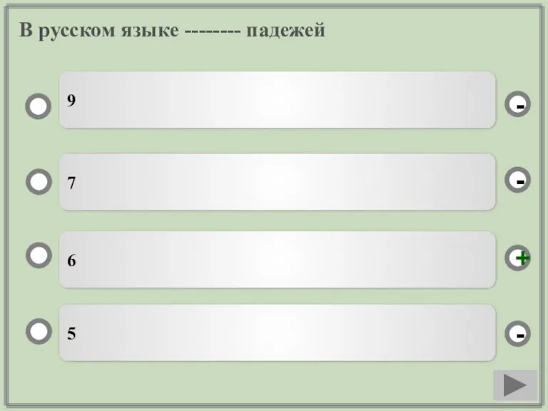 В русском языке -------- падежей 6 7 5 9 - - + -