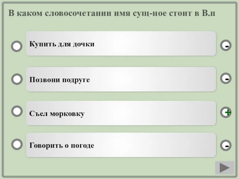 В каком словосочетании имя сущ-ное стоит в В.п Съел морковку Позвони подруге