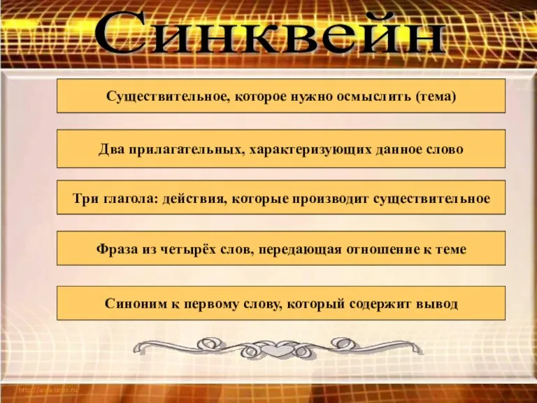 Синквейн Существительное, которое нужно осмыслить (тема) Два прилагательных, характеризующих данное слово Три