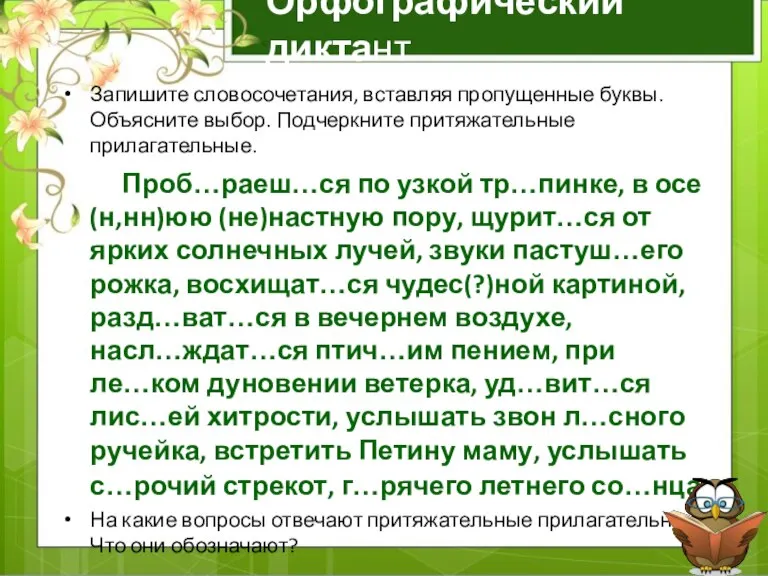 Орфографический диктант Запишите словосочетания, вставляя пропущенные буквы. Объясните выбор. Подчеркните притяжательные прилагательные.