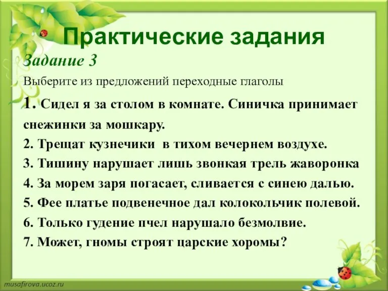 Практические задания Задание 3 Выберите из предложений переходные глаголы 1. Сидел я