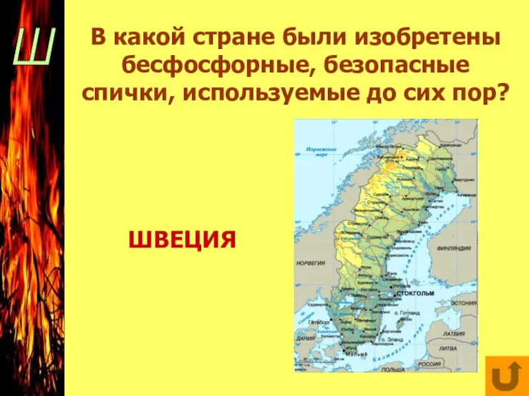 Ш В какой стране были изобретены бесфосфорные, безопасные спички, используемые до сих пор? ШВЕЦИЯ