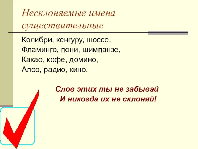 Несклоняемые имена существительные Колибри, кенгуру, шоссе, Фламинго, пони, шимпанзе, Какао, кофе, домино,