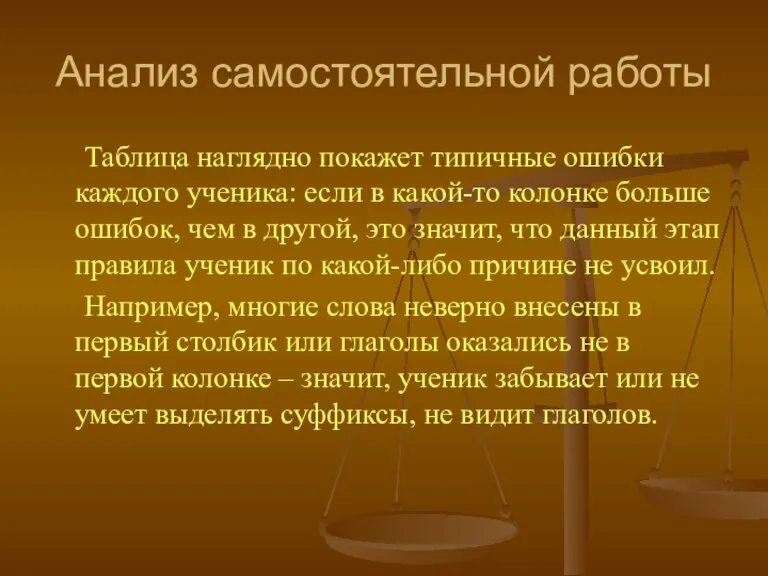 Анализ самостоятельной работы Таблица наглядно покажет типичные ошибки каждого ученика: если в