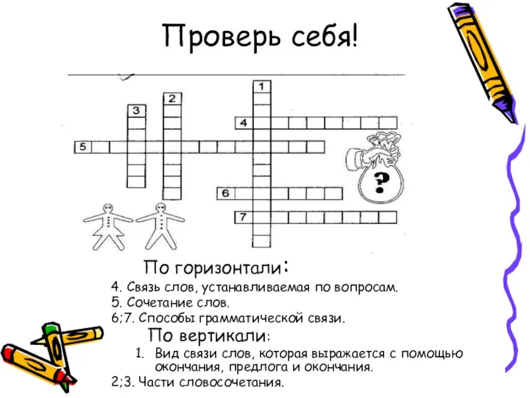 Проверь себя! По горизонтали: 4. Связь слов, устанавливаемая по вопросам. 5. Сочетание