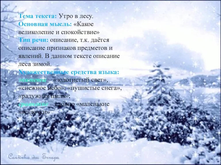 Тема текста: Утро в лесу. Основная мысль: «Какое великолепие и спокойствие» Тип