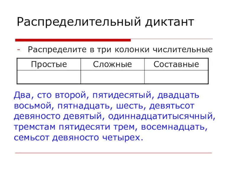 Распределительный диктант Распределите в три колонки числительные Два, сто второй, пятидесятый, двадцать