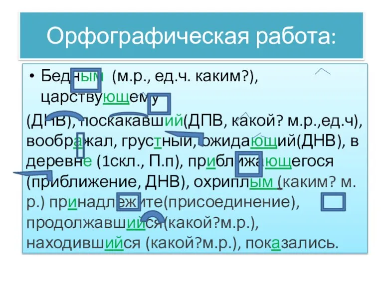 Орфографическая работа: Бедным (м.р., ед.ч. каким?), царствующему (ДНВ), поскакавший(ДПВ, какой? м.р.,ед.ч), воображал,