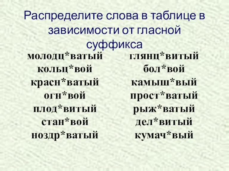 Распределите слова в таблице в зависимости от гласной суффикса молодц*ватый кольц*вой красн*ватый