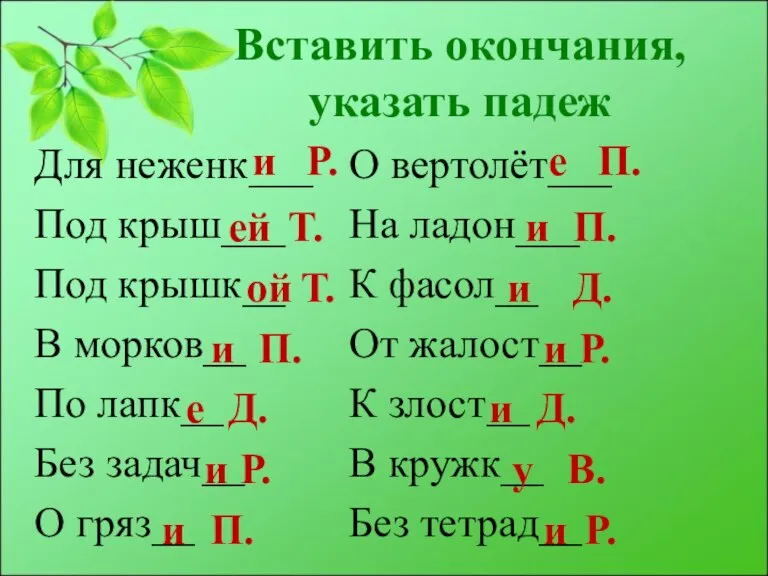 Вставить окончания, указать падеж Для неженк___ Под крыш___ Под крышк__ В морков__