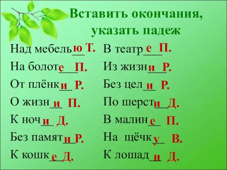 Вставить окончания, указать падеж Над мебель__ На болот___ От плёнк__ О жизн__