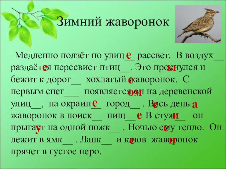 Зимний жаворонок Медленно ползёт по улиц__ рассвет. В воздух__ раздаётся пересвист птиц__.