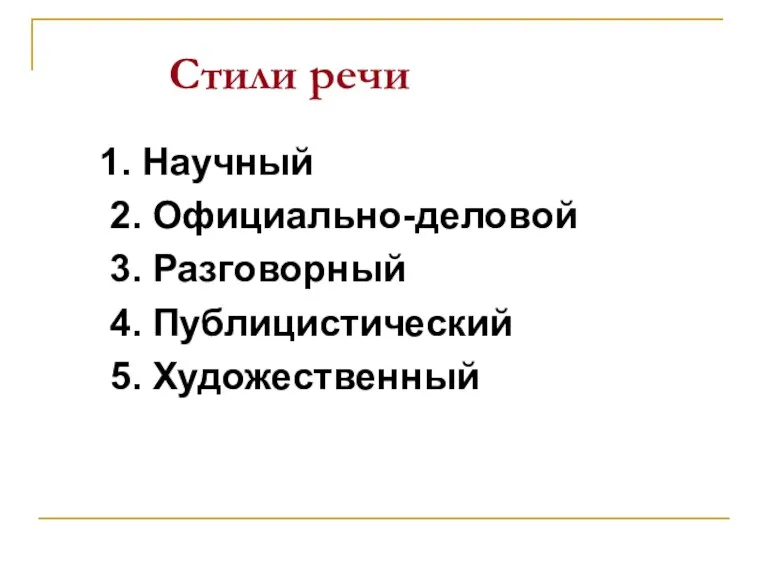 Стили речи 1. Научный 2. Официально-деловой 3. Разговорный 4. Публицистический 5. Художественный