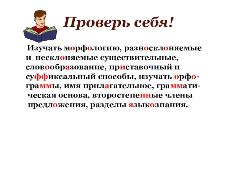 Проверь себя! Изучать морфологию, разносклоняемые и несклоняемые существительные, словообразование, приставочный и суффиксальный