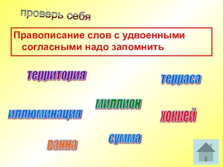 Правописание слов с удвоенными согласными надо запомнить ванна территория миллион сумма хоккей терраса иллюминация проверь себя