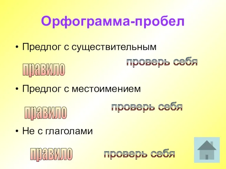 Орфограмма-пробел Предлог с существительным Предлог с местоимением Не с глаголами проверь себя