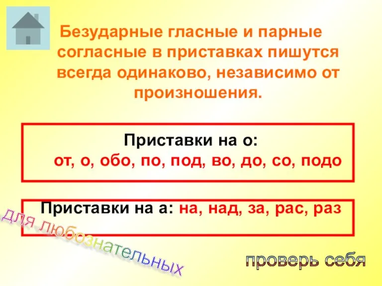 Безударные гласные и парные согласные в приставках пишутся всегда одинаково, независимо от