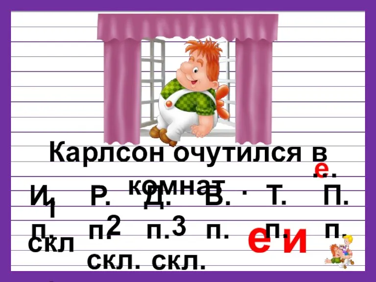 Карлсон очутился в комнат . и е е … И.п. Р.п. Д.п.