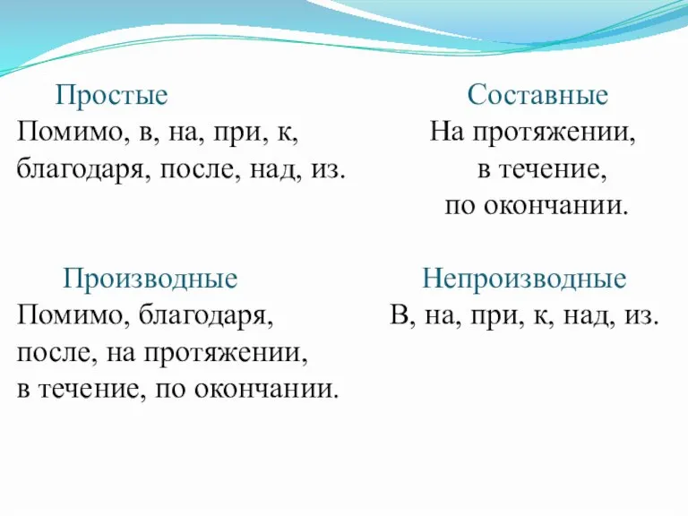 Простые Составные Помимо, в, на, при, к, На протяжении, благодаря, после, над,