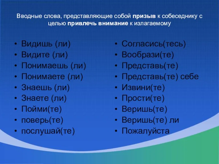 Вводные слова, представляющие собой призыв к собеседнику с целью привлечь внимание к