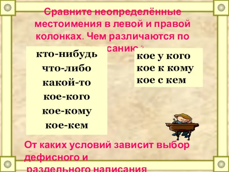 Сравните неопределённые местоимения в левой и правой колонках. Чем различаются по написанию?