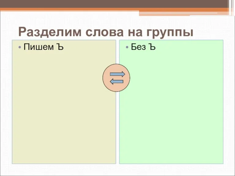 Разделим слова на группы Пишем Ъ Без Ъ