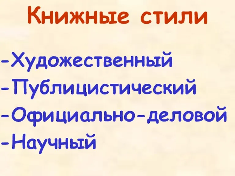 Книжные стили Художественный Публицистический Официально-деловой Научный