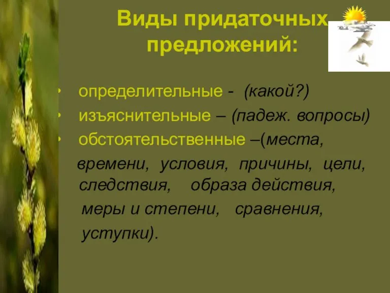 Виды придаточных предложений: определительные - (какой?) изъяснительные – (падеж. вопросы) обстоятельственные –(места,