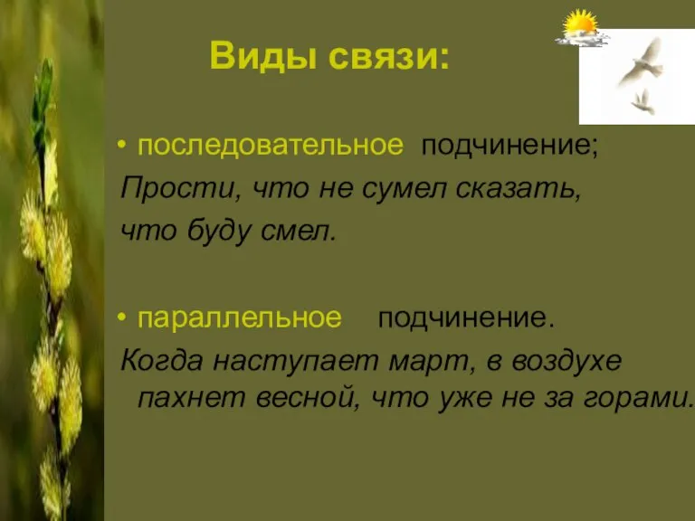 Виды связи: последовательное подчинение; Прости, что не сумел сказать, что буду смел.